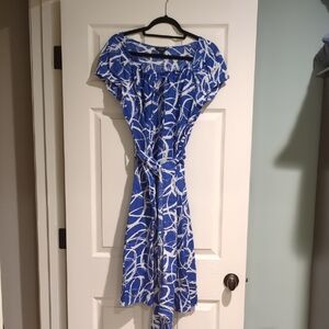 Hobbs Blue and White Linen Midi Dress 10